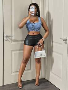 Slaydiva 女士前扣超短牛仔背心 - 淺色水洗藍 - 查看 3