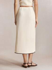 BizChic 杏色纹理针织黑色撞色滚边系腰蝴蝶结半身裙，优雅都市通勤、假日、母亲节、派对、婚礼宾客、毕业典礼、乡村音乐节、办公室、社交场合、工作服 - 杏色 - 查看 3