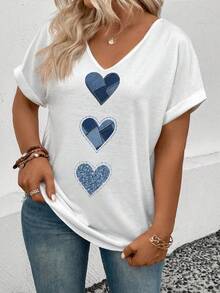 EMERY ROSE Plus Size Women Heart Print V-Neck Short Sleeve Casual T-Shirt - White - View 5
