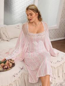 CottageSlumber Plus Size Women's Romantic Floral Lace Patchwork Nightgown And Lace Patchwork Robe 2 Pieces Set - Multicolor - View 1