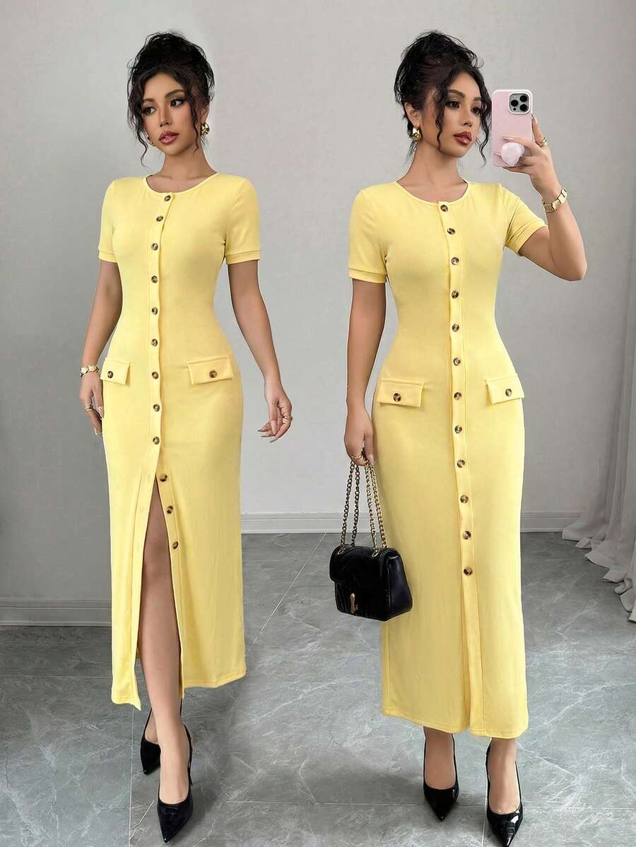 Elenzga Đầm cardigan tay ngắn ôm sát người, ngọt ngào, gợi cảm, thích hợp cho mùa xuân/hè, phong cách thành thị, sang trọng, thời trang Pháp, dự tiệc. Đầm maxi dệt kim cổ tròn cài nút phối màu đen trắng mới, thích hợp cho kỳ nghỉ. - Màu vàng ngỗng - Xem 1