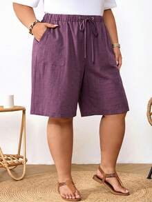 SHEIN CURVE+ Quần short nữ cỡ lớn màu đen có dây rút ở eo, túi, chất liệu vải lanh, kiểu dáng thường ngày, thích hợp mặc mùa hè, trang phục mùa xuân cho nữ, trang phục đi nghỉ mát, trang phục mùa hè/đồng quê/bãi biển cho nữ, trang phục đi biển. - Màu tím - Xem 8