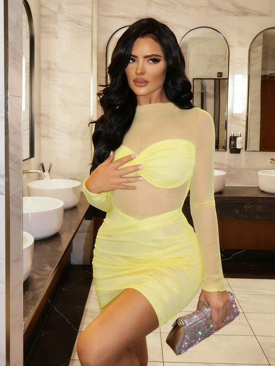 SHEIN SXY 女士纯色褶皱领优雅修身迷你连衣裙,适合约会和派对穿着 - 黃色 - 查看 1