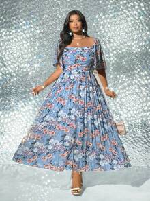 Viva Relle Elegant Romantic Printed Long Pleated Dress - Blue - View 3