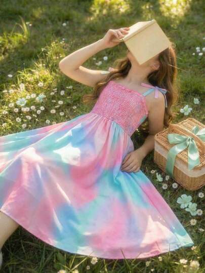 Elladie kids Vestido de línea A con tirantes de espagueti, estampado de patchwork y degradado de colores del arcoíris, en color fucsia, para niñas preadolescentes, adecuado para vacaciones y salidas