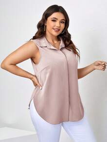 SHEIN Clasi Camisa casual sin mangas de un solo pecho de unicolor para mujer de talla grande - Rosa - Ver 5