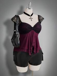 SHEIN ICON 女款大尺碼黑色夏季正式哥德風晚宴夜店 Y2K 心形領荷葉袖不對稱下擺蕾絲拼接網紗上衣 - 紅色 - 查看 8
