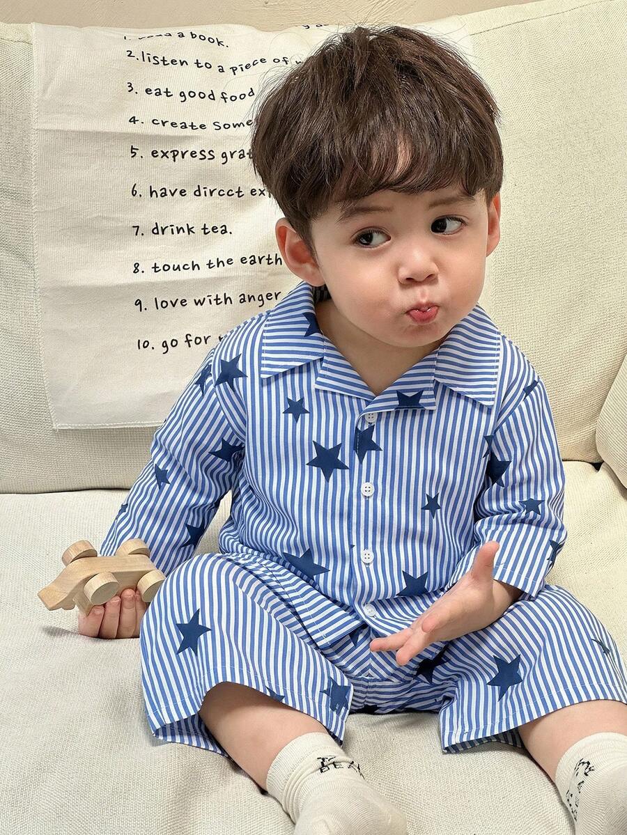Hapijoa 2件套幼儿男童条纹爱心印花长袖衬衫和休闲裤家居服套装，春秋季 - 藍白色 - 查看 1