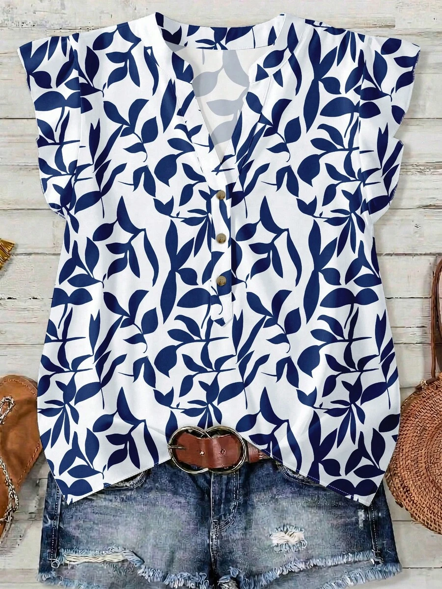 EMERY ROSE 休闲简约浪漫蓝色碎花大码女式荷叶边短袖衬衫，适合夏季和度假穿着 - 彩色 - 查看 1