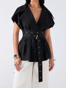 LYSMO 2026 New Minimalist Spring/Summer Women's Black Lapel Waist Hollow Button Design Casual Blazer - Black - View 3