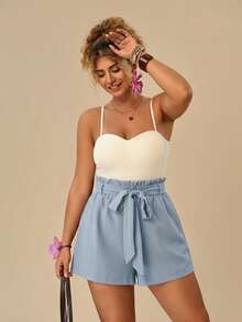 Travachic Plus Size Summer Casual Solid Color Elastic Waist Textured Shorts - Baby Blue - View 6