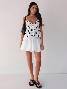 Rafferiza Áo hai dây kiểu babydoll xoắn họa tiết chấm bi dành cho nữ, thích hợp cho kỳ nghỉ hè ở bãi biển. - trắng - Xem 3