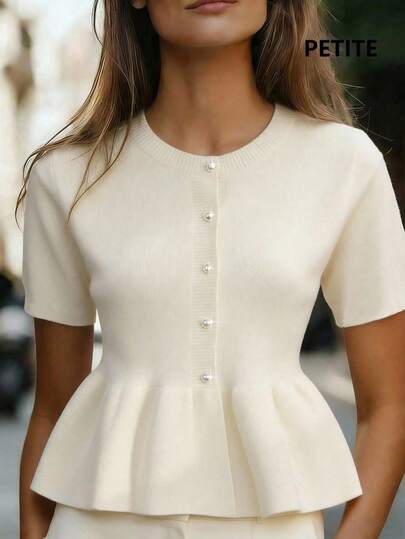 SHEIN PETITE Solid Color Round Neck Front Button Elegant Short Sleeve Knit Top, Spring/Summer
