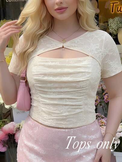 SHEIN MOD Áo thun nữ cỡ lớn, chất liệu lưới rỗng, họa tiết nổi bật, màu mơ.