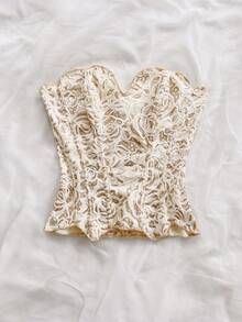Soleia 露肩蕾絲雙層貼身束身胸衣上衣，鏤空刺繡白色金屬色夏季優雅婚禮賓客夜店女裝套裝 - 彩色 - 查看 5
