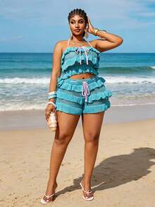 Maweii 女士休闲甜美可爱浪漫性感沙滩派对野餐露背系带蝴蝶结层叠荷叶边短款上衣和松紧腰蓝色短裤加大码毛衣套装 - 彩色 - 查看 6
