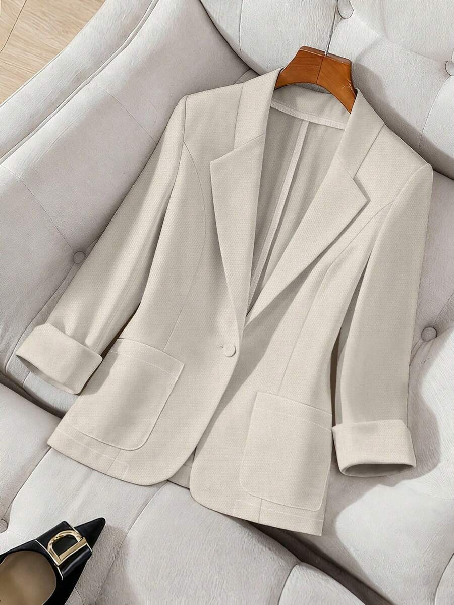 Franclia 女士纯色缺角领口袋办公通勤西装外套 - 杏色 - 查看 1