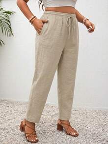 SHEIN Frenchy 母亲节休闲百搭大码度假纯色舒适绉纹面料长裤，带口袋 - 卡其色 - 查看 4