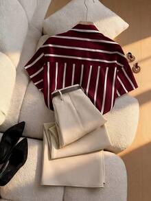 Franclia New Striped Short Sleeve Shirt And Solid Apricot Color Pants 2 Pieces Set For Women, Spring/Summer - Multicolor - View 2