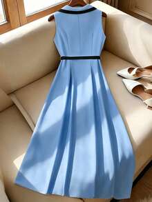 Elenzga Vestido midi elegante y retro de mujer con cintura ceñida, cuello de solapa y abotonado en la cintura, color albaricoque/negro, para ir a la oficina y eventos formales, primavera/verano - Multicolor - Ver 2