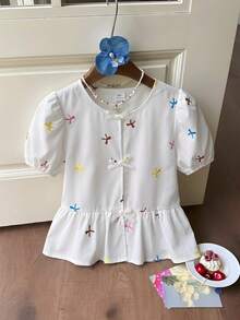 Tween Girls' Cute Colorful Bow Print Puff Sleeve Ruffle Hem Shirt Blouse, Spring/Summer - White - View 2