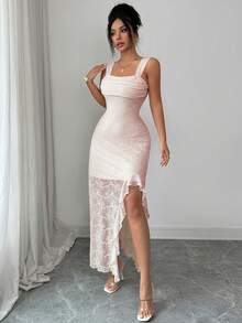 Modelyn Đầm dệt kim jacquard trễ vai thanh lịch dành cho nữ, có xẻ tà, thích hợp cho tiệc tùng và kỳ nghỉ, mùa xuân/hè. - Hồng - Xem 5
