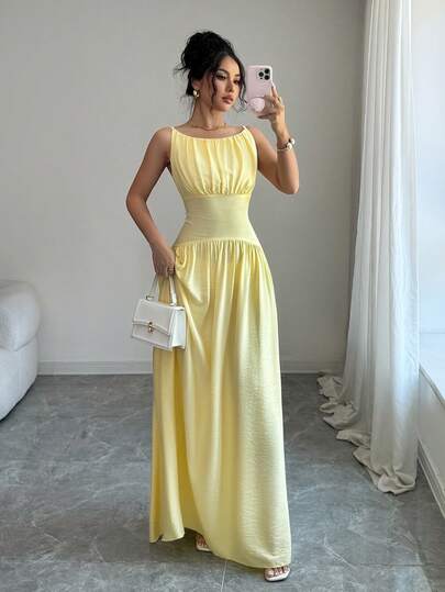 Mulvari 女士休闲度假纯色无袖收腰连衣裙，春夏款