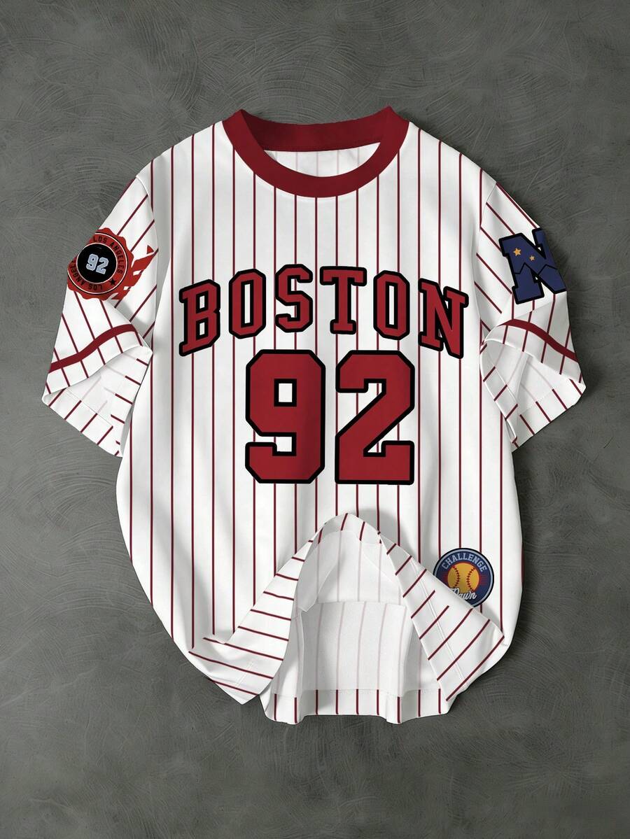 Manfinity Campus Court 男士复古美式棒球风格酒红色撞色条纹92 N联盟街头时尚休闲圆领T恤 - 彩色 - 查看 1