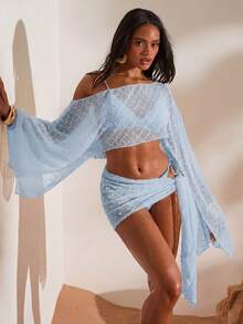 Opulessa Women's Solid Color Beachwear Cover-Up Set Summer Vacation Bikini Bathing Suits - Baby Blue - View 5