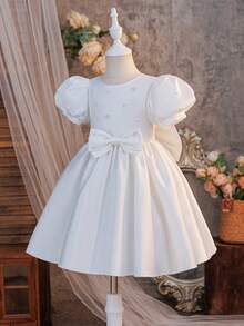 Glamorique Kids Girls' White Sleeveless Beaded Bow Decor Party Dress, Children's Birthday Wedding Flower Girl Dress, Minimalist Elegant Princess Gown For Party White Bow Dress Girls Elegant White Dress Disneyland Flower Girl Princess Dress White Baptism Dress With Pearls Sparklyn Short Sleeve Girls Dress Little Sister Girl White Elegant Dress White Pearl Dress Communion White Flower Girl Dress Girls Dress Short Sleeve - Beige - View 5