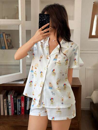 Women's Cute Cartoon Circus Print Short Sleeve Shorts Cardigan Pajama Set, Summer
