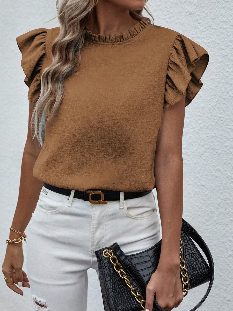 Breezaya Women's Summer Casual Minimalist Ruffle Collar Blouse - Brown - View 1