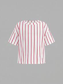 SHEIN 女童寬鬆休閒極簡舒適圓領套頭卡通圖案T恤與長褲套裝 - 紅色 - 查看 6