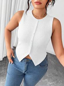 SHEIN PETITE CURVE Damen Große Größen elegante unifarbene gestrickte Crew-Neck Knopf Schlitz Passform Weste - Weiss - Übersicht 7