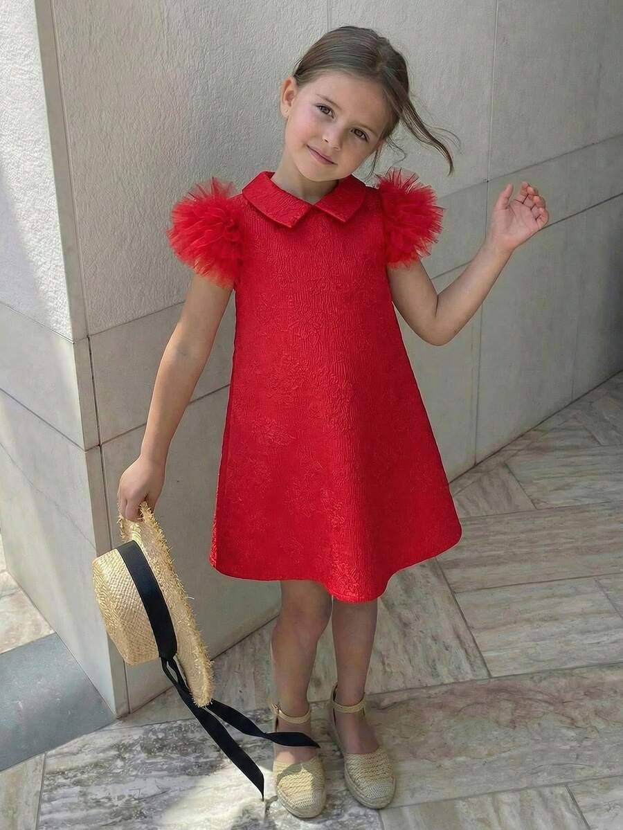 Elladie kids 1 pieza Vestido recto con espalda de malla, diseño floral con diamante de imitación, manga corta, estilo suelto y holgado para niñas, simple pero elegante y de estilo princesa - Rojo - Ver 1