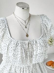 Flirla Große Größen Neue Frühling/Sommer Damen Urlaubs Elegante Sexy Strandausflug Chiffon Polka Punkt Off-Shoulder Doppel Rüschen Saum Crop Top, Taille raffende Boho Süße Prinzessin Schleife Dekor Bluse - Weiss - Übersicht 5
