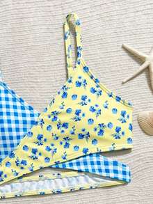 SHEIN Teen Girl Plaid & Ditsy Floral Bikini Set,Crisscross Bralette Top,Triangle Bottoms & Mesh Sarong Skirt,Padded Modest Swimwear,Summer,Beach,Holiday - Multicolor - View 3