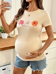 SHEIN Áo thun ngắn tay cổ tròn dáng ôm in hoa, thích hợp mặc mùa hè. - Màu be - Xem 1
