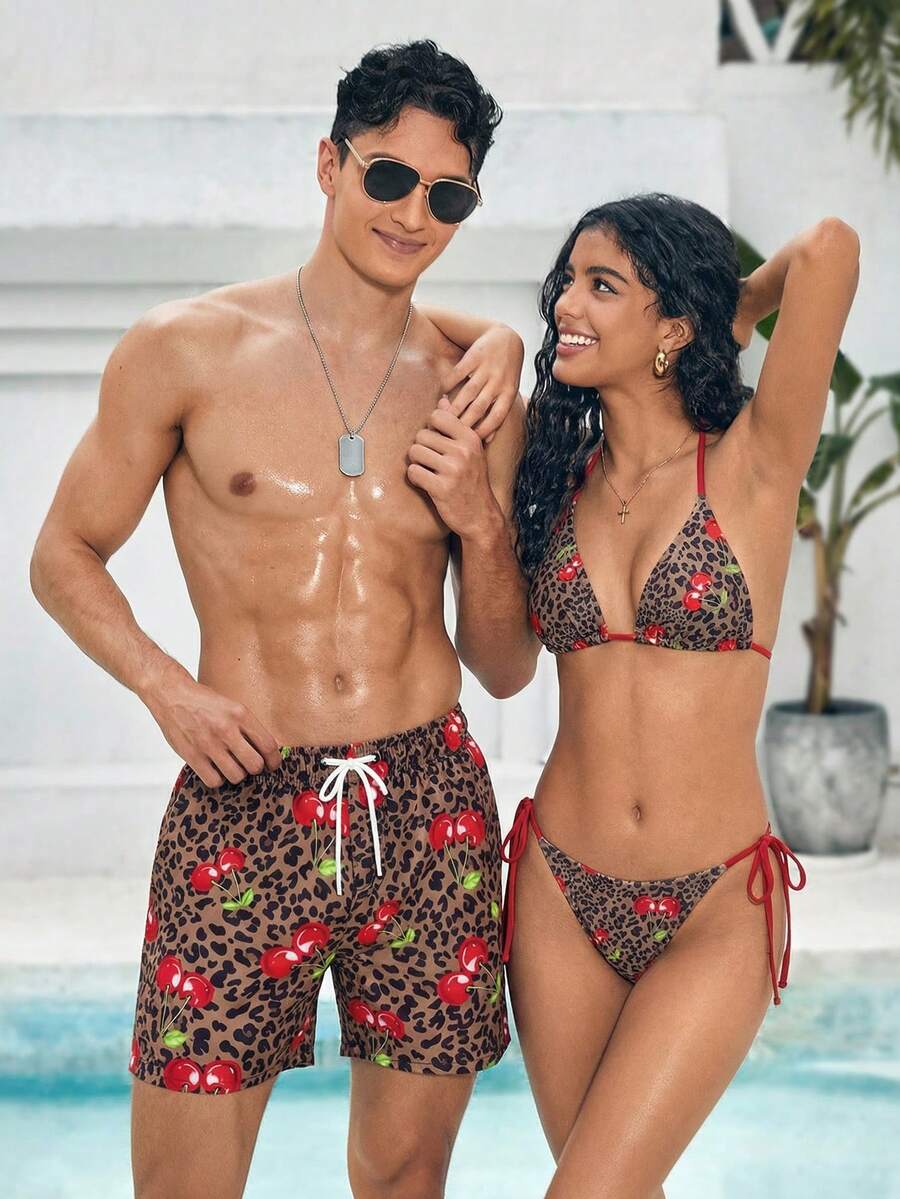 Azuldrift Pantalones cortos de playa casuales con cordón y estampado de leopardo de cereza para hombres - Caqui - Ver 1