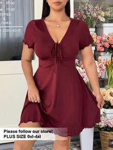 GalTyme Plus Size Women's Valentine's Day Red V-Neck Twist Front Midi Dress - Burgundy - View 5