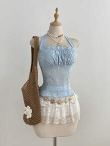 Elamini Summer Cute Sweet Sheer Textured Tie-Neck Ruffle Hem Camisole - Blue - View 4