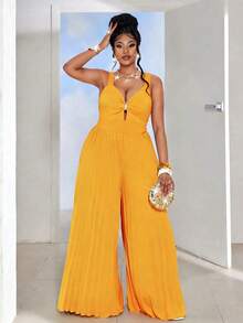 Maweii Plus Size Women's Orange Summer Elegant Vacation Wide Leg Jumpsuit, V-Neck Spaghetti Strap Metal Buckle Decor Hollow Out Waist Outfit Party - Orange - View 4