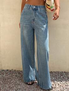 DAZY Quần jeans ống đứng xẻ tà dành cho nữ, quần denim bạc màu phong cách đường phố thường ngày. - Rửa trung bình - Xem 2