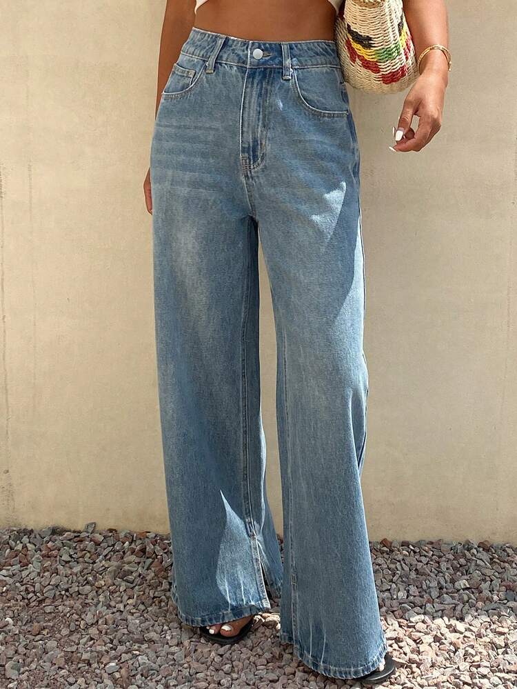 Women's Slit Straight Leg Jeans, Casual Street Style Washed Denim Pants