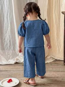 SHEIN Setelan Cardigan Lengan Pendek dan Celana Panjang Warna Biru Tua & Putih dengan Hiasan Pita untuk Bayi Perempuan, Cocok untuk Jalan-jalan di Musim Semi, Pakaian Musim Panas untuk Anak Perempuan - MultiWarna - View 2