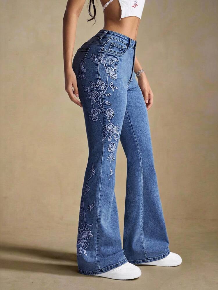 Selenza Denim Flare Casual Versátil com Bolso Bordado Floral