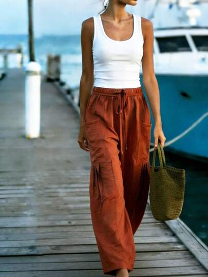 Breezaya New Spring Creek Collection Cargo Pants, Slimming High Waist Red BrownTrousers