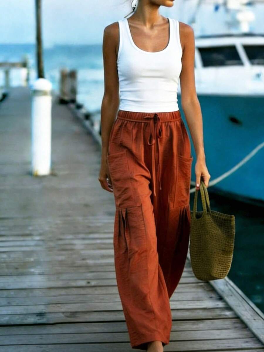 Breezaya New Spring Creek Collection Cargo Pants, Slimming High Waist Red BrownTrousers - Clay Red - View 1