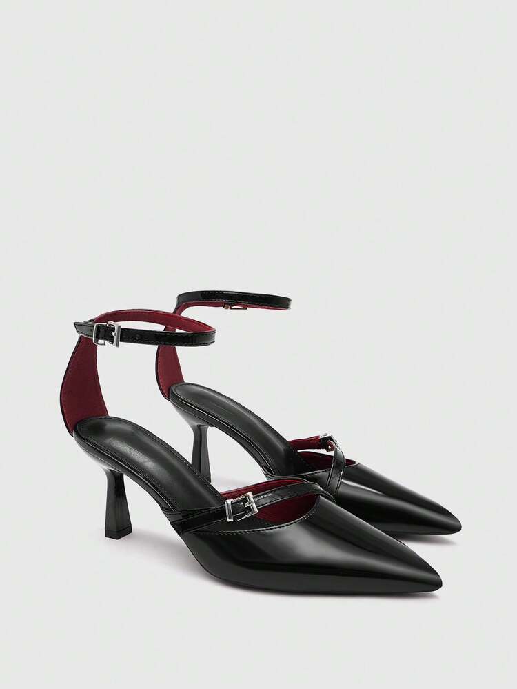 CUCCOO BIZCHIC Commuter Versatile Buckle Back Bag Shoes, Pointed Patent Leather Thin Heel Low Vamp Women's Shoes