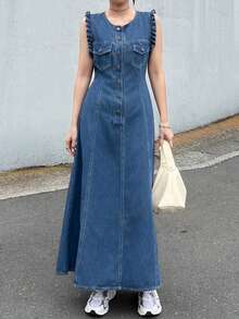 FRIFUL Đầm denim nữ dáng suông, cài cúc đơn, tay loe, thích hợp mặc đi biển. - Màu xanh lam - Xem 4